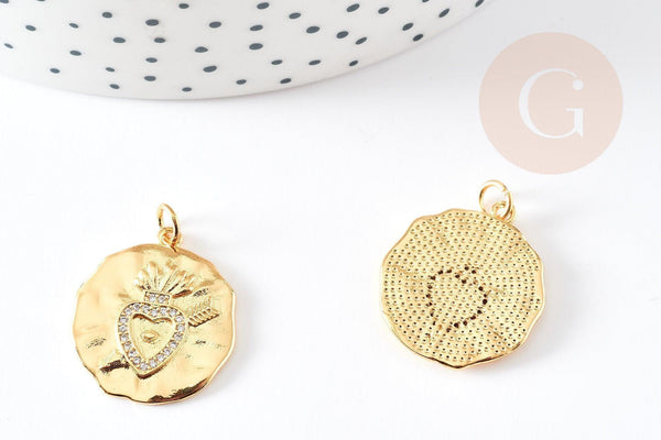 Pendentif médaille coeur sacré laiton doré 18k 22mm sans nickel, pendentif amour, x1 G5958