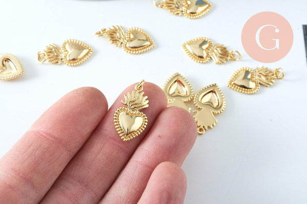 Pendentif médaille coeur sacré laiton doré 22mm, x1 (G6181)