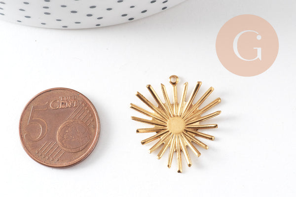 Pendentif médaille coeur soleil laiton brut, apprêt doré sans nickel, médaille dorée en laiton brut,26x24mm, X2 G3223
