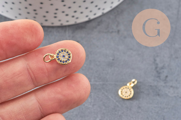 Pendentif médaille doré cristal zircon, pendentif doré,porte-bonheur,laiton dore,bijou médaille,17mm, x1 (G0483)