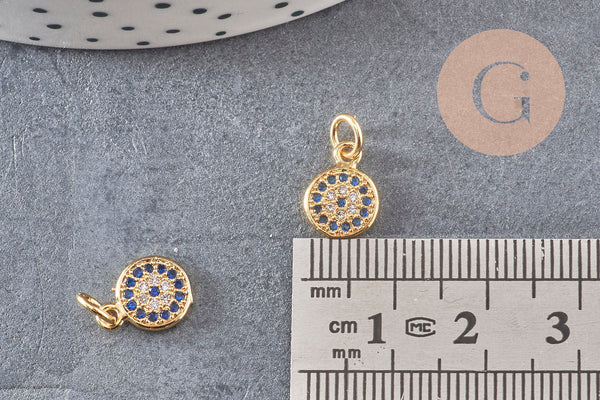 Pendentif médaille doré cristal zircon, pendentif doré,porte-bonheur,laiton dore,bijou médaille,17mm, x1 (G0483)