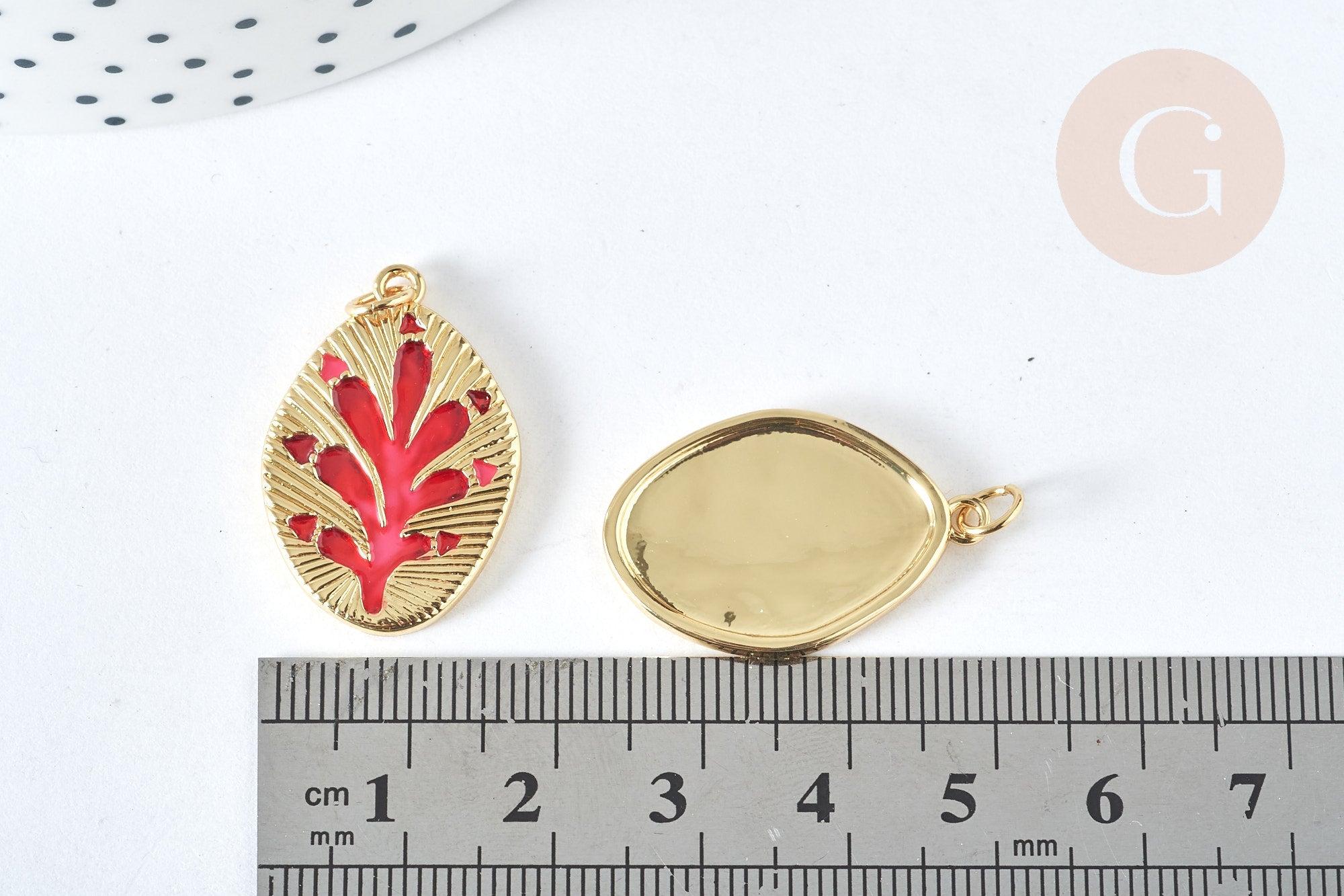 Pendentif médaille étoile laiton doré 20K émail rouge ,pendentif doré pendentif laiton doré,13.7x9mm,x1 (G7566)