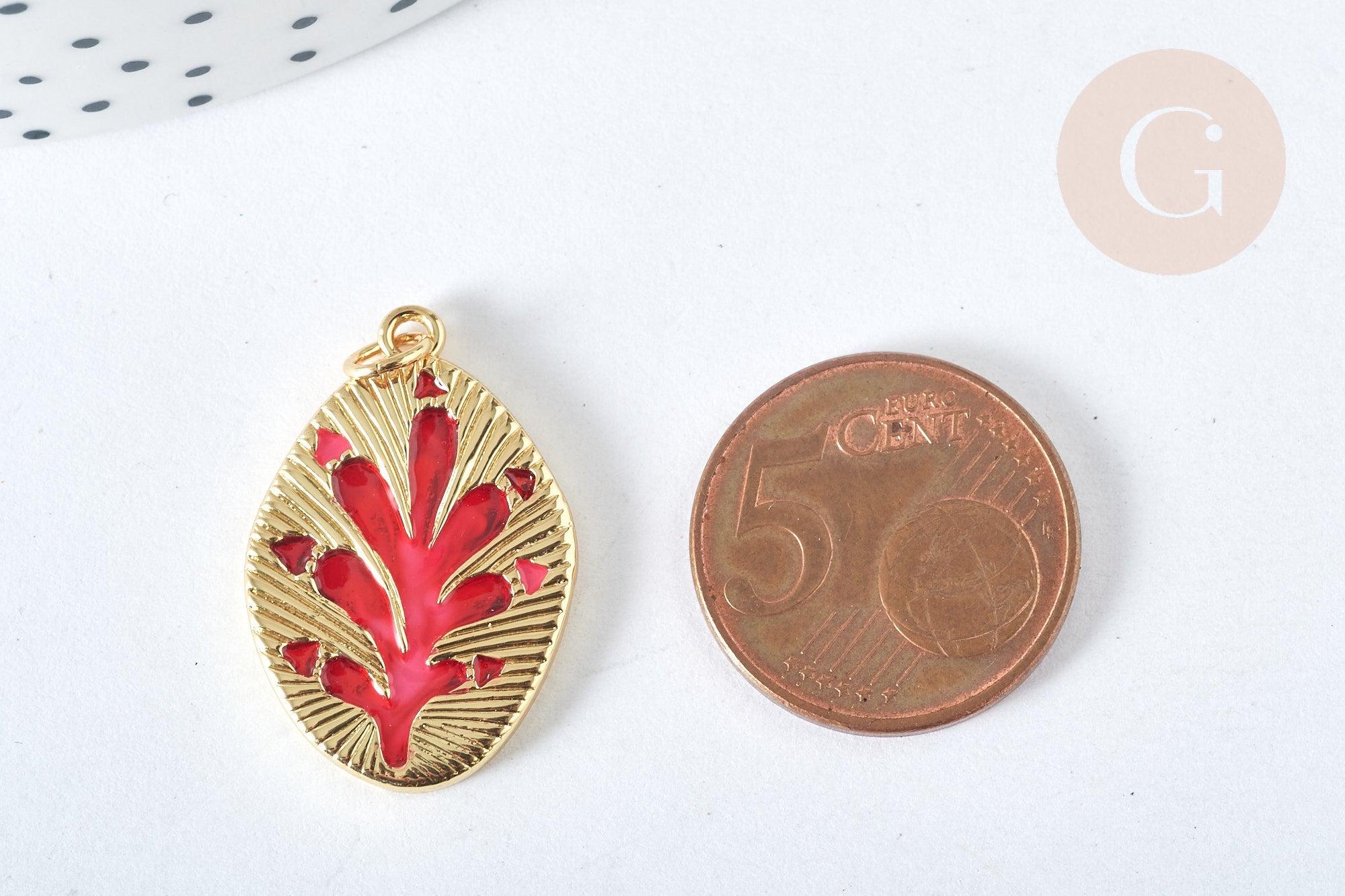 Pendentif médaille étoile laiton doré 20K émail rouge ,pendentif doré pendentif laiton doré,13.7x9mm,x1 (G7566)