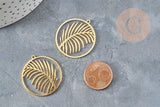 Pendentif médaille feuille palme acier inoxydable 201doré 32mm,breloque acier inoxydable doré sans nickel, x1 (G6189)