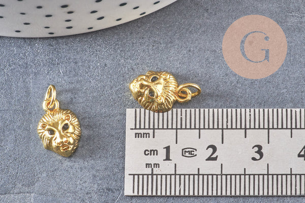 Pendentif médaille lion laiton doré 18K zircon, pendentif laiton, pendentif felin,sans nickel, 14mm, x1 (G3794)
