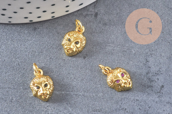 Pendentif médaille lion laiton doré 18K zircon, pendentif laiton, pendentif felin,sans nickel, 14mm, x1 (G3794)