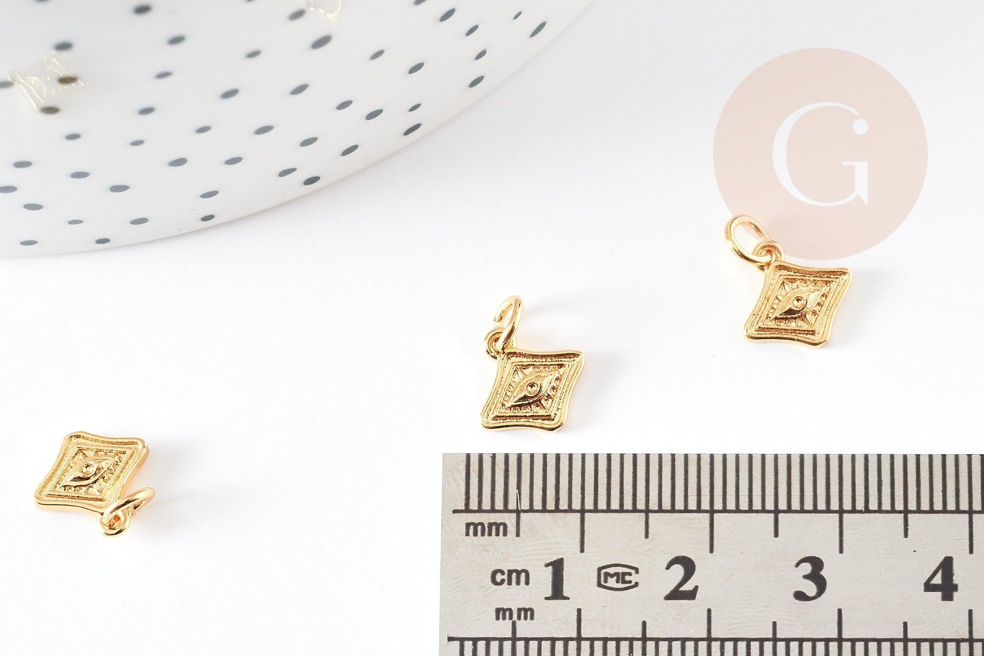 Pendentif médaille losange oeil laiton doré 18K texturé, un pendentif doré sans nickel pour la création,médaille or,10mm, x1 (G4672)