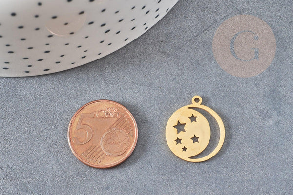 Pendentif médaille lune étoiles acier doré 20.5mm, breloque doré, acier inoxydable doré, pendentif sans nickel, x1 G6144
