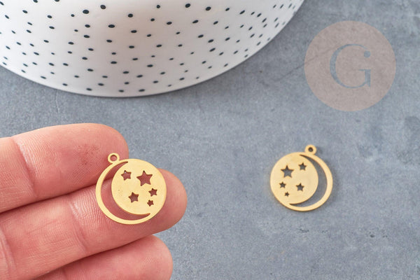 Pendentif médaille lune étoiles acier doré 20.5mm, breloque doré, acier inoxydable doré, pendentif sans nickel, x1 G6144