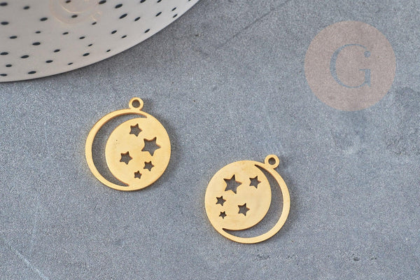 Pendentif médaille lune étoiles acier doré 20.5mm, breloque doré, acier inoxydable doré, pendentif sans nickel, x1 G6144