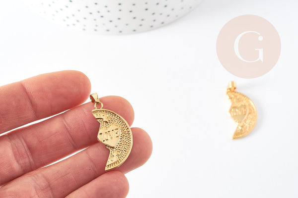 Pendentif médaille moitié coeur laiton doré, pendentif doré sans nickel pour création bijoux amour et BFF, 30mm, x1 G5339