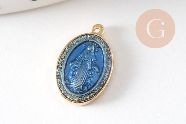 Pendentif médaille ovale Vierge Marie acier 304 inoxydable doré émaillée 13mm x1 ou x5 (10759)