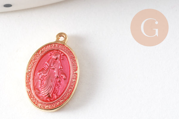 Pendentif médaille ovale Vierge Marie acier 304 inoxydable doré émaillée 13mm x1 ou x5 (10759)
