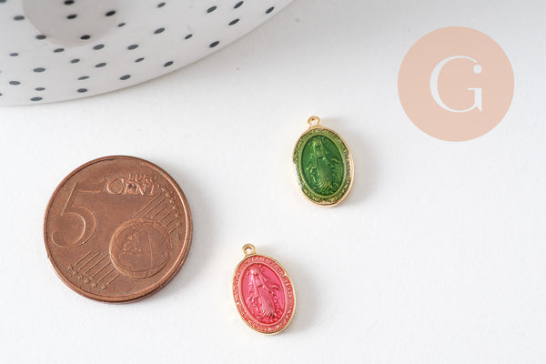 Pendentif médaille ovale Vierge Marie acier 304 inoxydable doré émaillée 13mm x1 ou x5 (10759)