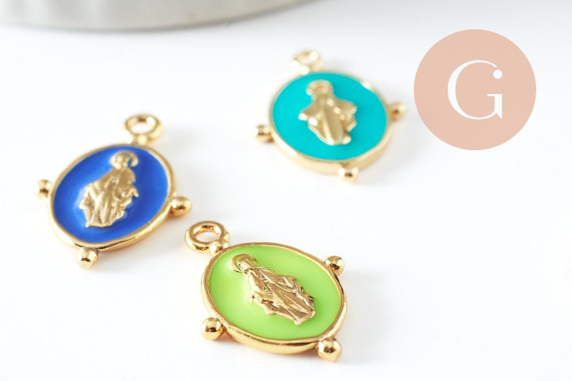 Pendentif médaille ovale Vierge Marie laiton doré émail pastel 18.5mm x1 (G2940)