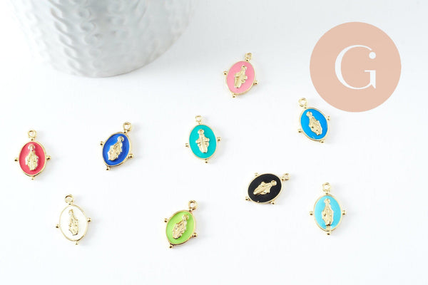 Pendentif médaille ovale Vierge Marie laiton doré émail pastel couleur mixte 18.5mm x1 (G2940)