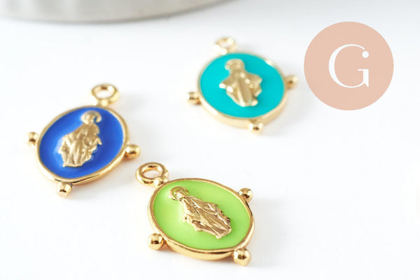 Pendentif médaille ovale Vierge Marie laiton doré émail pastel couleur mixte 18.5mm x1 (G2940)