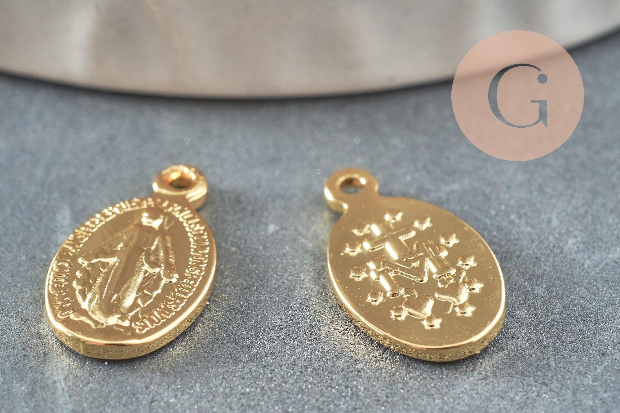 Pendentif médaille ovale Vierge Marie or 18K 14mm, pendentif laiton notre dame madonne, x5 (G3705)