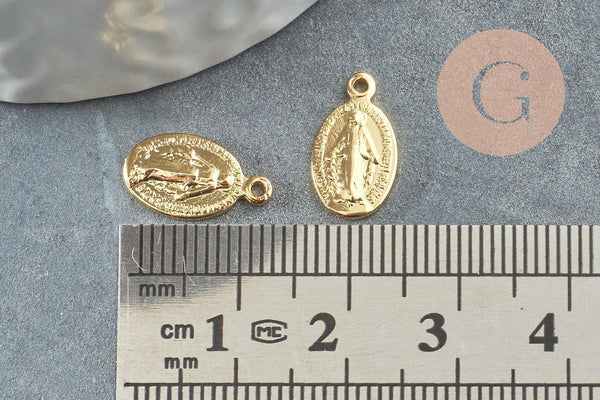 Pendentif médaille ovale Vierge Marie or 18K 14mm, pendentif laiton notre dame madonne, x5 (G3705)