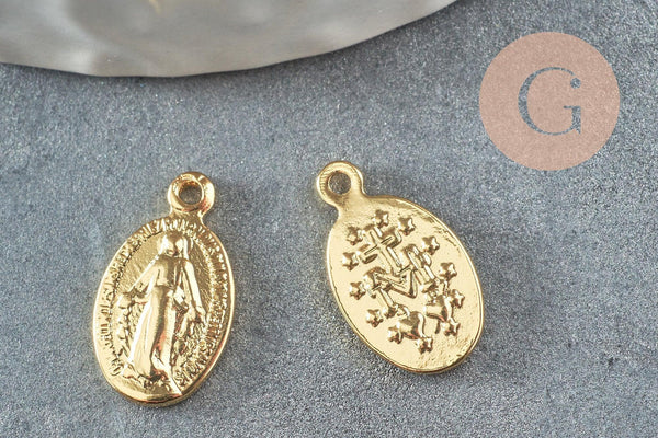 Pendentif médaille ovale Vierge Marie or 18K 14mm, pendentif laiton notre dame madonne, x5 (G3705)