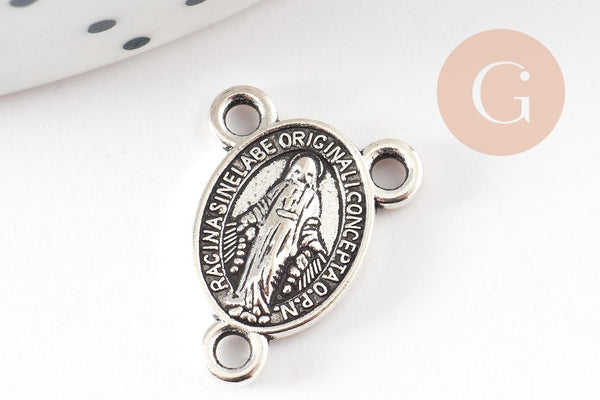 Pendentif médaille ovale Vierge Marie zamac argenté 3 attaches 15.3mm, pendentif création rosaire, x2 G9382