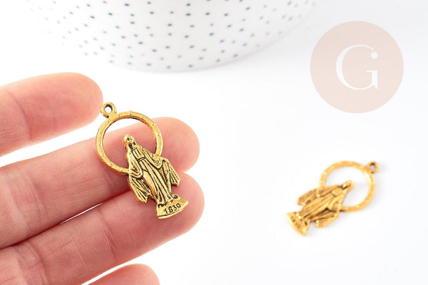 Pendentif médaille ovale Vierge Marie zamac doré 36mm, pendentif religion,sans nickel, notre dame, madonne, x1 G1245