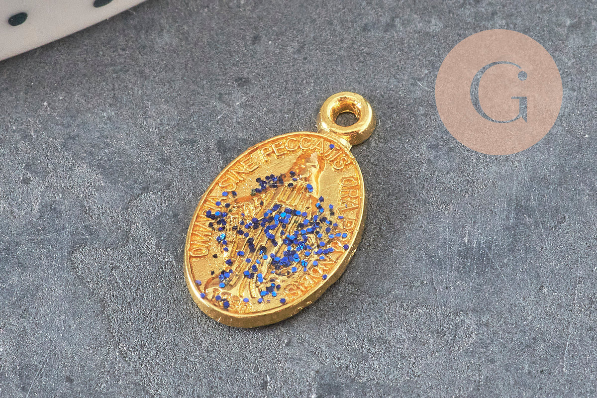 Oval Virgin Mary medal pendant in gold-plated zamac with enamel 17.5mm x1 or x5 (G8839)