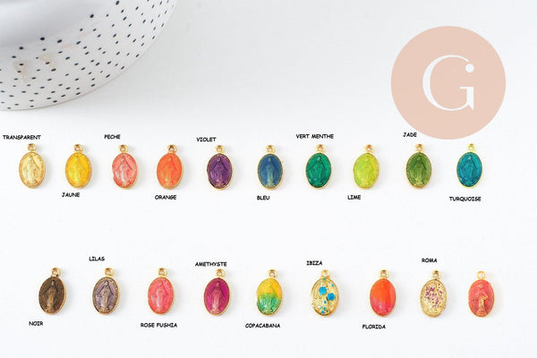 Pendentif médaille ovale Vierge Marie zamac doré émaillée 17.5mm x1 ou x5 (G8839)