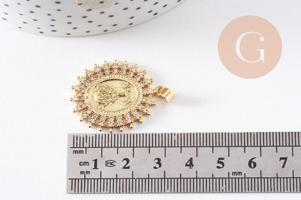 Pendentif médaille ovale Vierge Notre Dame d'Aparecida laiton doré 18K 31.5mm, x1 (G10254)