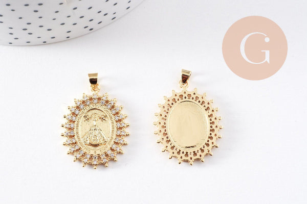 Pendentif médaille ovale Vierge Notre Dame d'Aparecida laiton doré 18K 31.5mm, x1 (G10254)