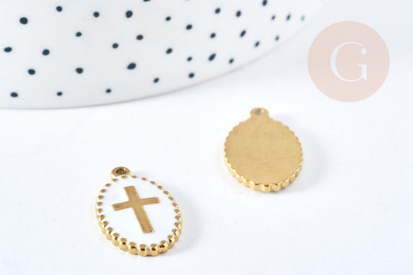 Pendentif médaille ovale croix émaillée acier 304 doré 18K inoxydable 23mm, x1 (G8717)