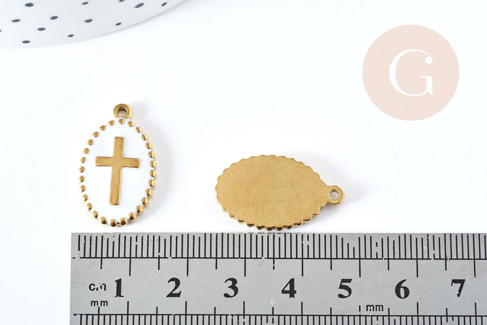 Pendentif médaille ovale croix émaillée acier 304 doré 18K inoxydable 23mm, x1 (G8717)