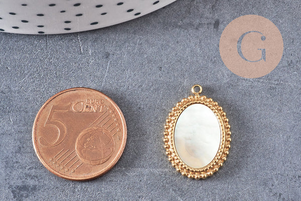 Pendentif médaille ovale nacre naturelle acier 304 inoxydable doré IP 21mm, x1 (G10752)