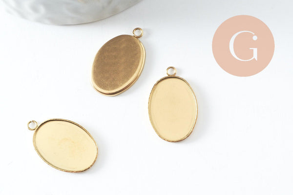 Pendentif médaille ovale support cabochon 18x13mm acier 304 inoxydable doré IP, x2 (G9815)