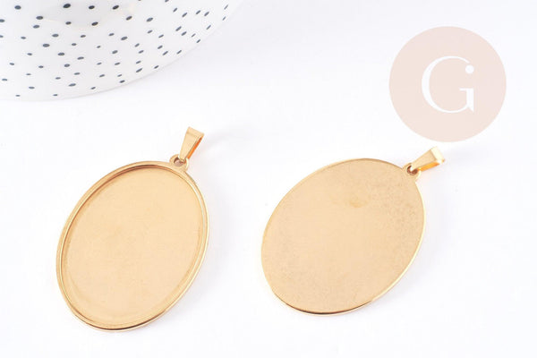 Pendentif médaille ovale support cabochon acier 304 inoxydable doré 45mm, x1 (G3449)