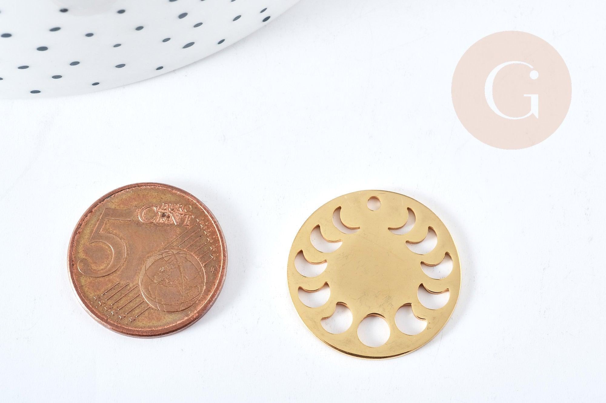 Pendentif médaille phases Lune ajouré acier 201 inoxydable doré 23mm, x1 (G8720)