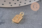 Pendentif médaille rectangle étoile laiton doré zircons, un pendentif doré avec cristaux pour création bijoux,14.5mm, x1 (G3484)