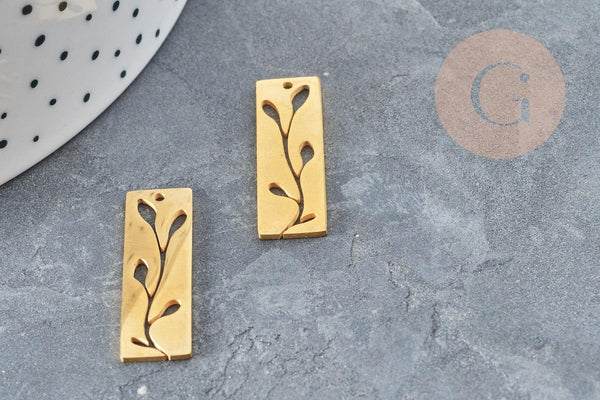 Pendentif médaille rectangle fleur acier 201 doré inoxydable 28mm, pendentif doré sans nickel pour création bijoux, x1 (G4789)