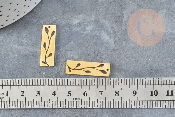 Pendentif médaille rectangle fleur acier 201 doré inoxydable 28mm, pendentif doré sans nickel pour création bijoux, x1 (G4789)