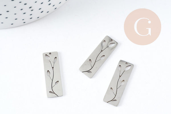 Pendentif médaille rectangle fleur acier 201 inoxydable argenté 28mm, x1 (G9130)