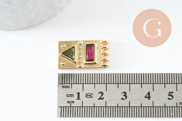 Pendentif médaille rectangle laiton doré zircon coloré, un pendentif doré avec cristaux pour création bijoux,14.5mm, x1 G3779