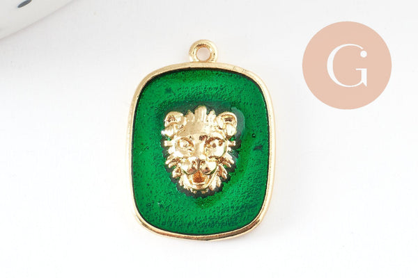 Pendentif médaille rectangle lion émail laiton doré 21.5mm, création bijoux animal x1 G9550
