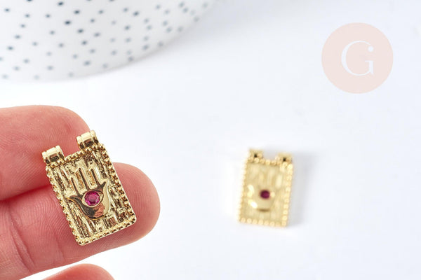 Pendentif médaille rectangle main fatma chance laiton doré zircon 21mm, pendentif or avec cristaux création de bijoux, x1 G7674