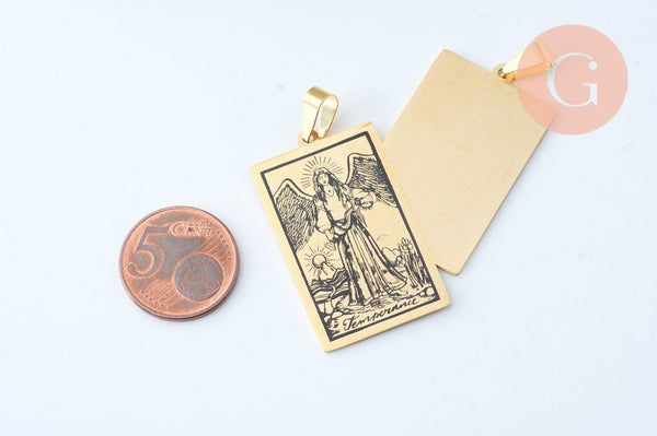 Pendentif médaille rectangle tempérance acier 201 doré inoxydable 40mm, pendentif carte tarot, x1 G6083