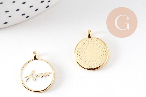 Pendentif médaille rond AMOR émail noir ou blanc laiton doré 20.5mm, x1 (G10823)