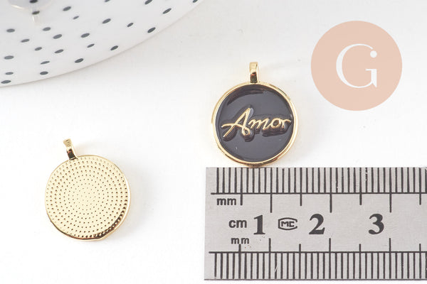 Pendentif médaille rond AMOR émail noir ou blanc laiton doré 20.5mm, x1 (G10823)