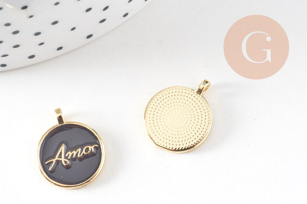 Pendentif médaille rond AMOR émail noir ou blanc laiton doré 20.5mm, x1 (G10823)