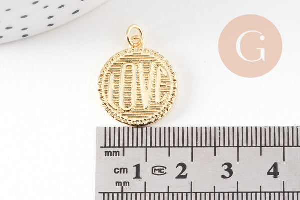 Pendentif médaille rond LOVE laiton doré 20.5mm, x1 (G10814)