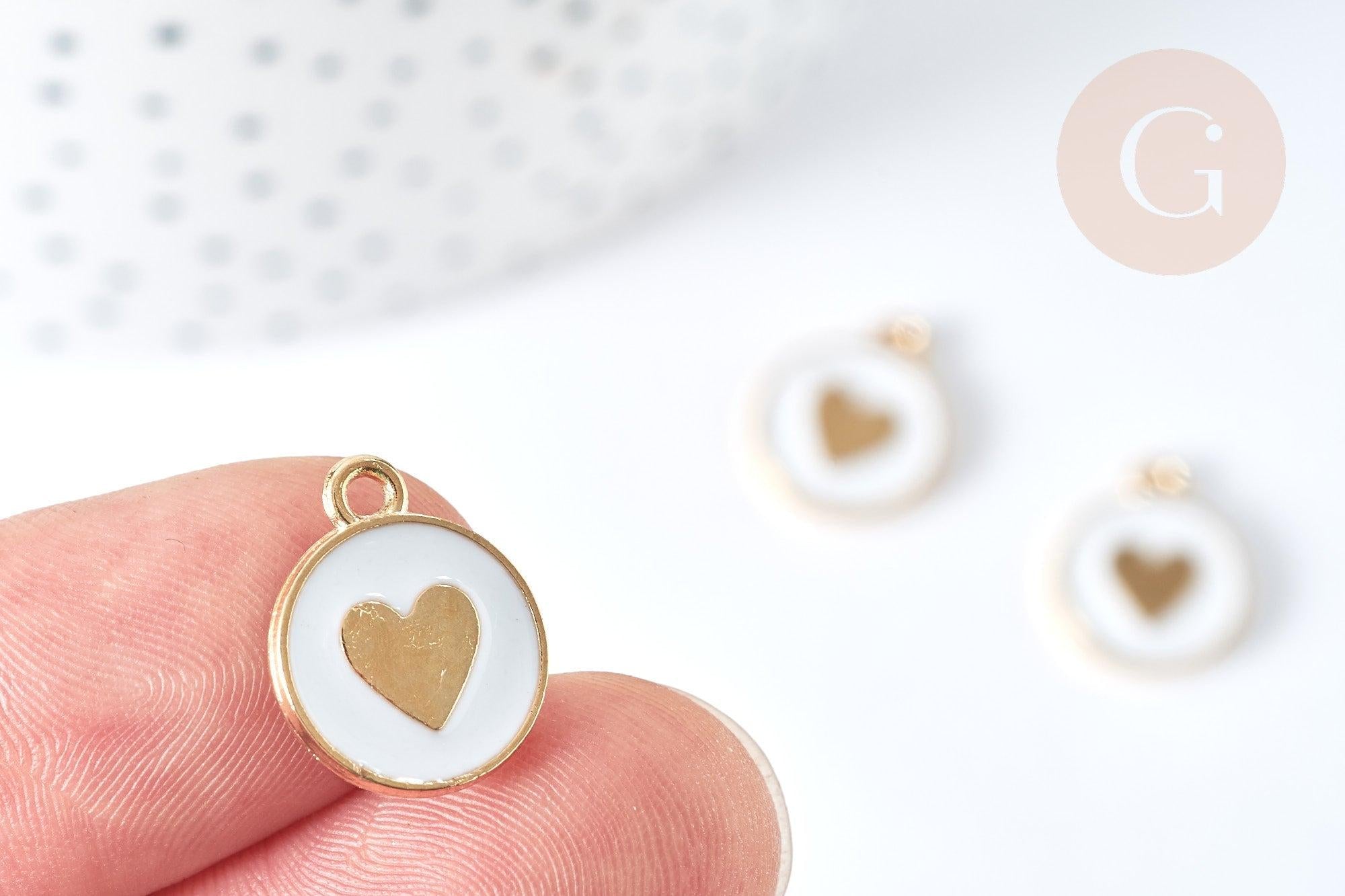 Pendentif médaille rond cœur émail blanc zamac doré 16mm, création bijou amour, x1 (G7426)