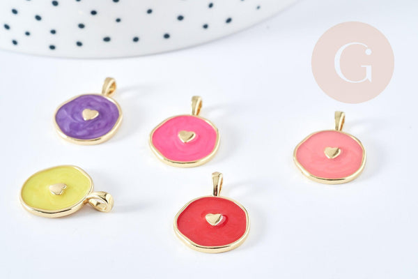 Pendentif médaille rond coeur émail coloré laiton doré 18mm, pendentif laiton émaillé,sans nickel, x1 G8554